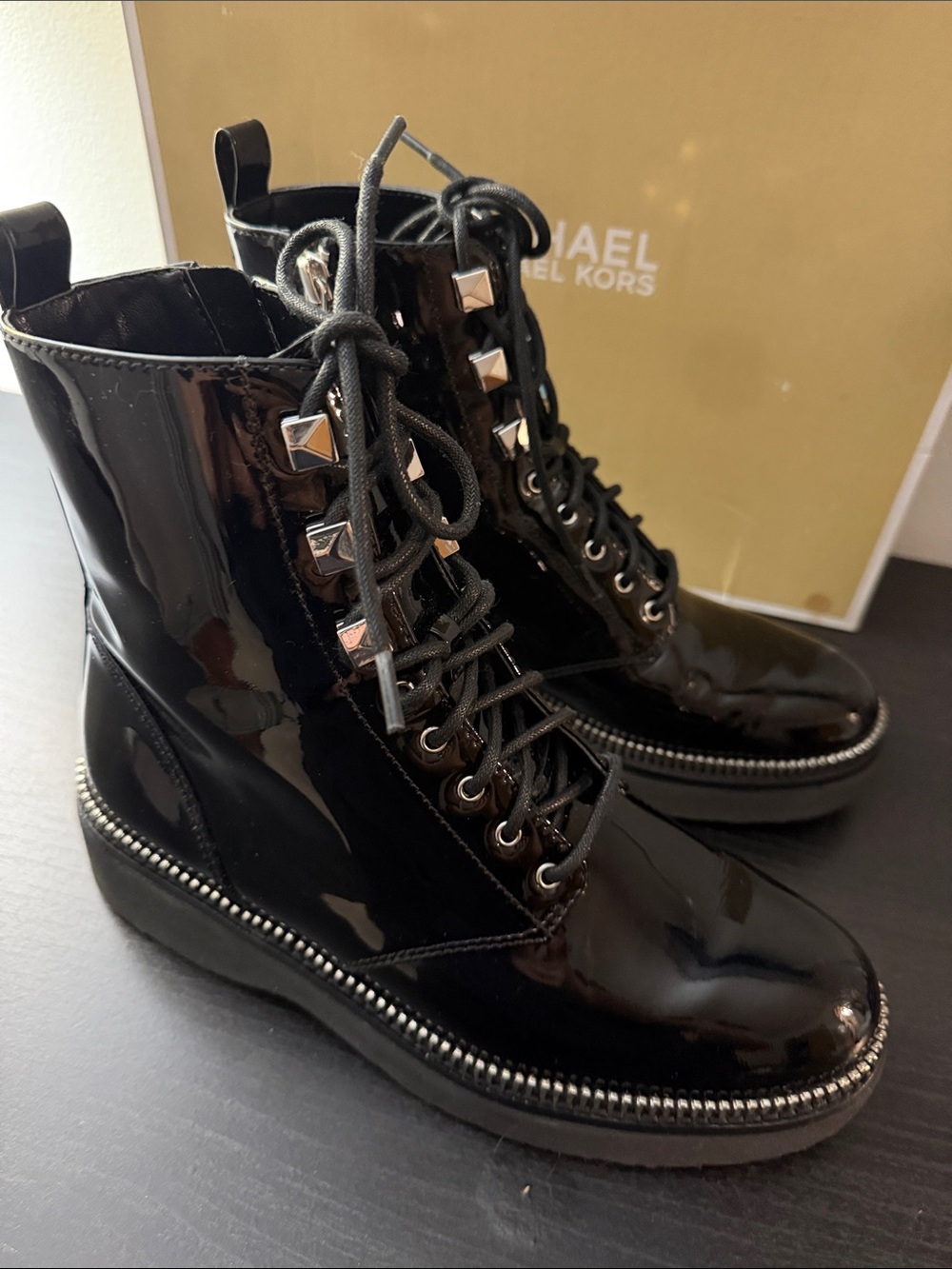 MICHAEL Michael Kors Black Patent Lace-Up Platform Combat Boots with Silver Trim